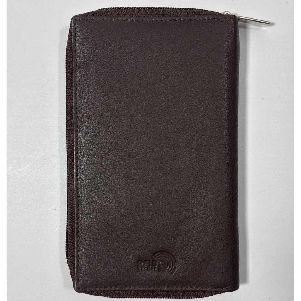 Genuine Brown Pebbled Leather RFID Blocking Zippered Passport Travel Wallet EUC